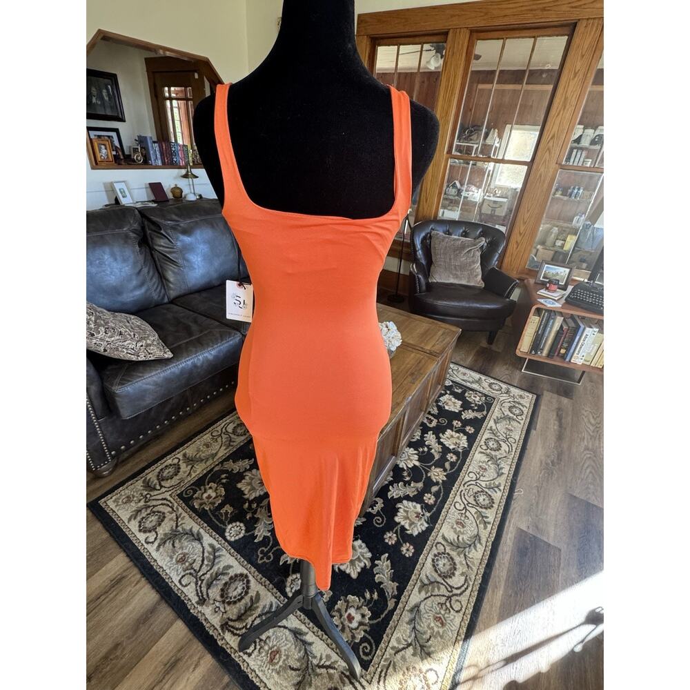 NWT Sincerely Jules Orange Bodycon Midi Dress XS Square Neck Fitted - Picture 3 of 10